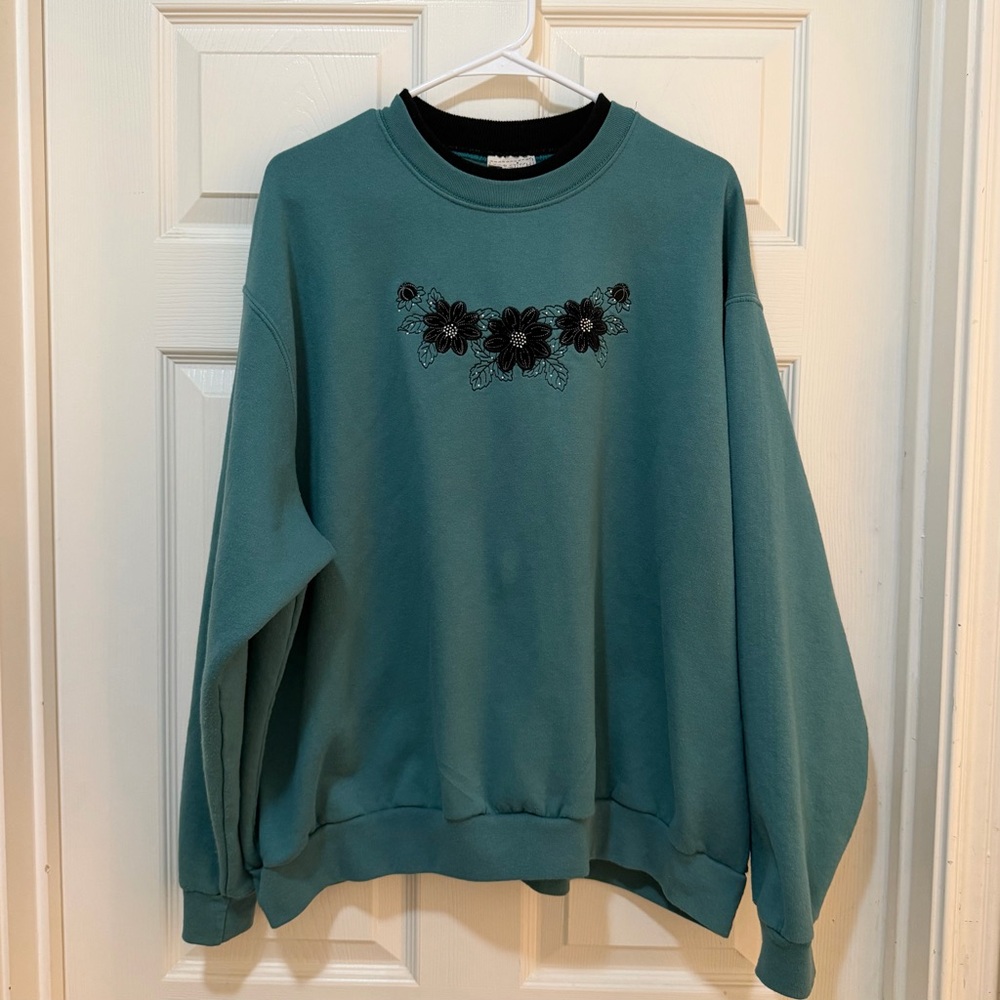 SOLD - Vintage Top Stitch by Morning Sun Teal Sweatshirt with Floral Embroidery
